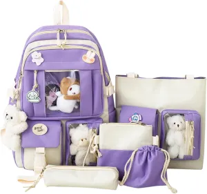 Kawaii Aesthetic School Backpack 5Pcs Combo Set with Cute Bear Pendant Pins Daypack Small Laptop School Bag Essential Kit