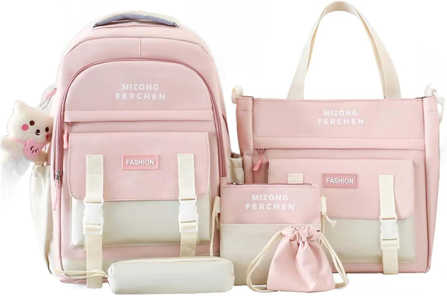 Kawaii Backpack Set 5Pcs School Bag with Cute Pendants Accessories for Teen Girls Boys Back to School Supplies Aesthetic Backpack Shoulder Tote Bags Daypack