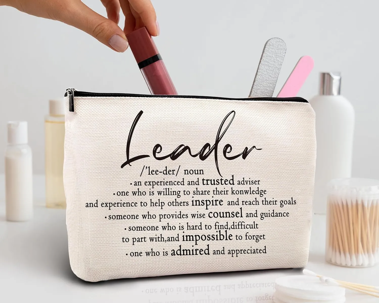 kdqua Leadership Gifts Makeup Bag, Leader Appreciation Gifts for Women Female Boss Mentor, Boss Day Gifts Thank You Supervisor Gift Linen Cosmetic Bag Zipper Pouch Travel Organizer Toiletry Bag