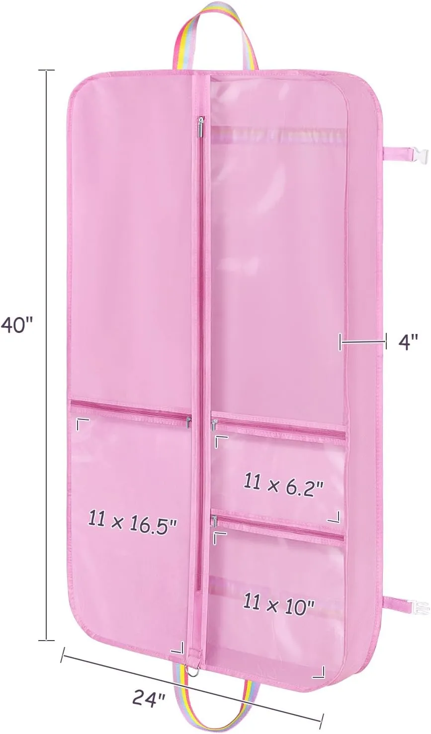 KEEGH Garment Bags for Dance Costumes 40 Inch, Dance Costume Garment Bag, Kids Dance Garment Bags for Dancers with 3 Zipper Pockets for Dance Competitions, Ballet, Theatre, Pink