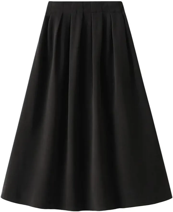 Korean Style High Waist Pleated Skirts Solid Office A-Line Midi Skirt Loose Slim-Looking Skirt
