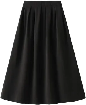 Korean Style High Waist Pleated Skirts Solid Office A-Line Midi Skirt Loose Slim-Looking Skirt