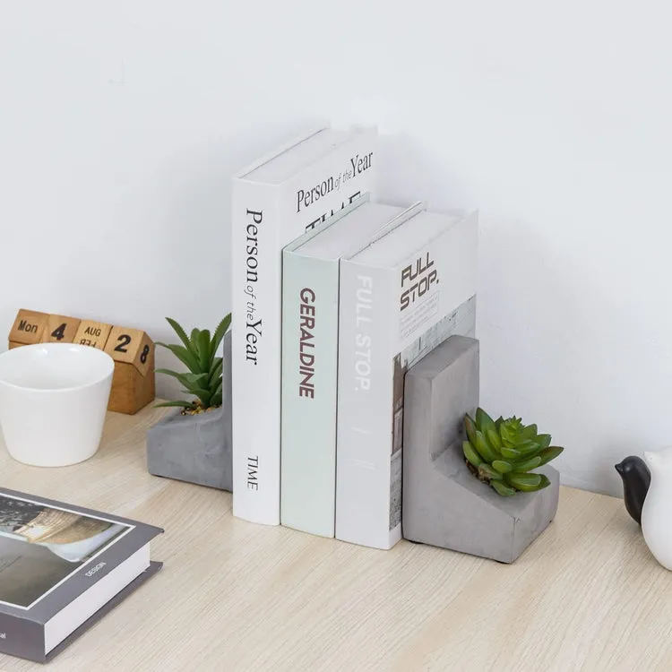 L-Shaped Concrete Bookends with Artificial Succulent Plants, Desktop Heavy Duty Book Stands