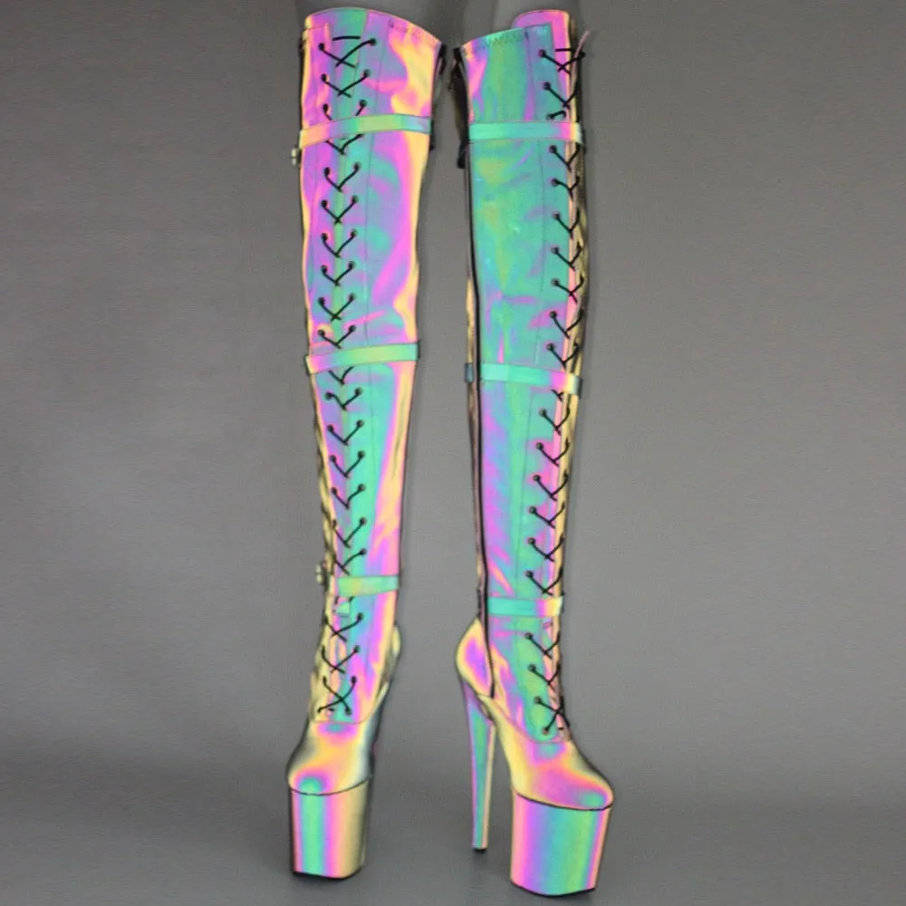 Lace Up Thigh High Boots Sexy Exotic Pole Dance Colorful Reflective Fabric Luminous Platform Shoes
