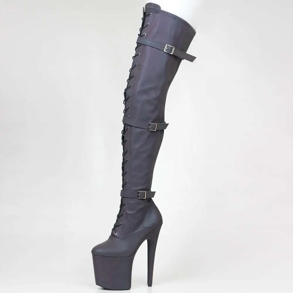 Lace Up Thigh High Boots Sexy Exotic Pole Dance Colorful Reflective Fabric Luminous Platform Shoes