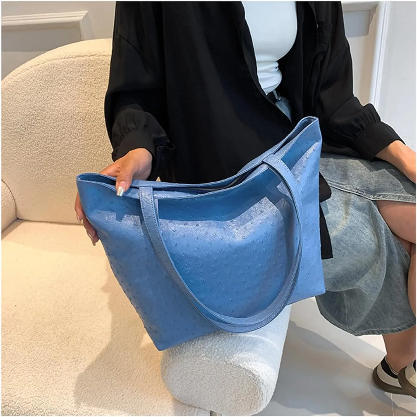 Ladies PU Leather Tote Bags Leather Bucket Top Handle Handbag Hobo Bags Shoulder Bags Large Hobo Purse for Work Travel (Blue)
