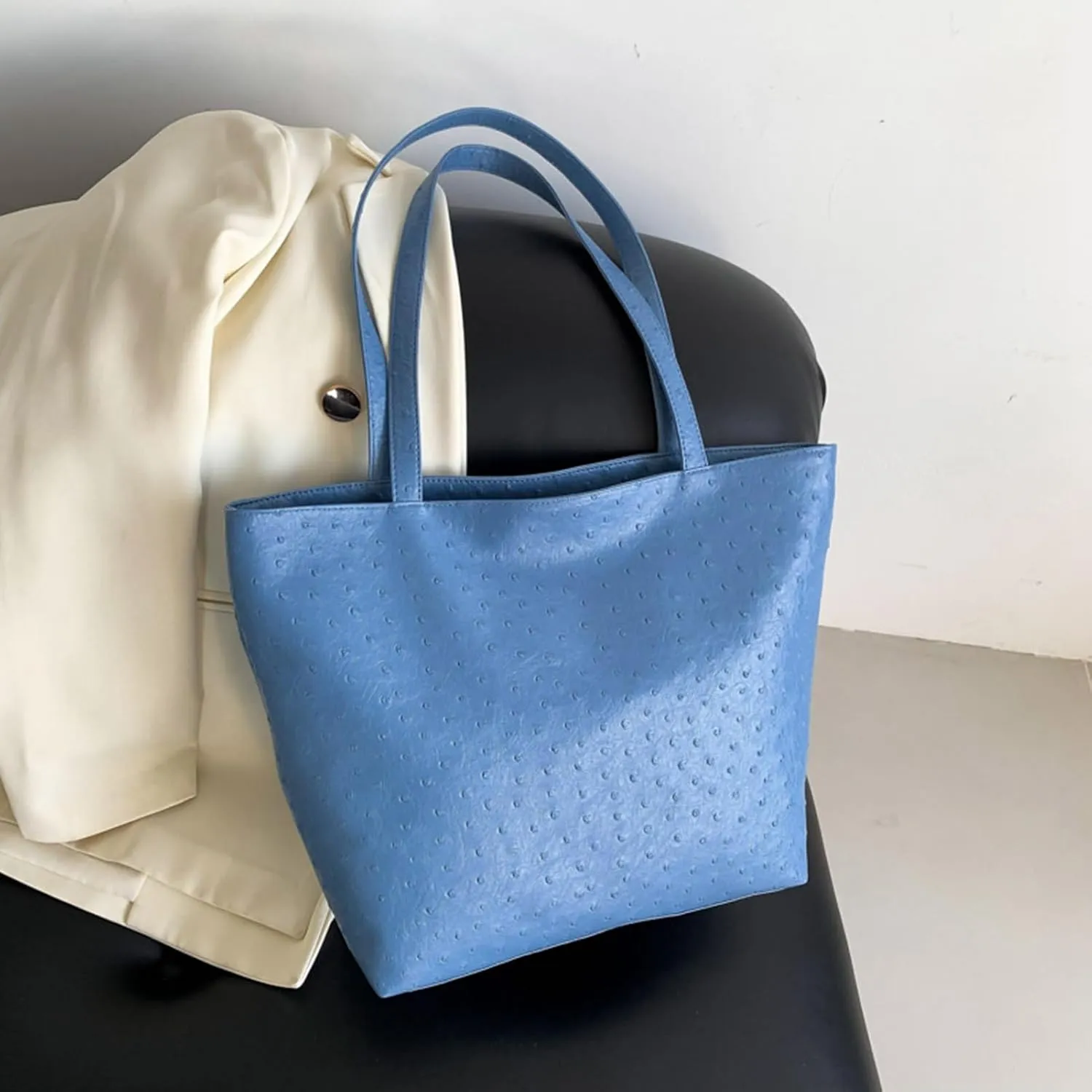Ladies PU Leather Tote Bags Leather Bucket Top Handle Handbag Hobo Bags Shoulder Bags Large Hobo Purse for Work Travel (Blue)