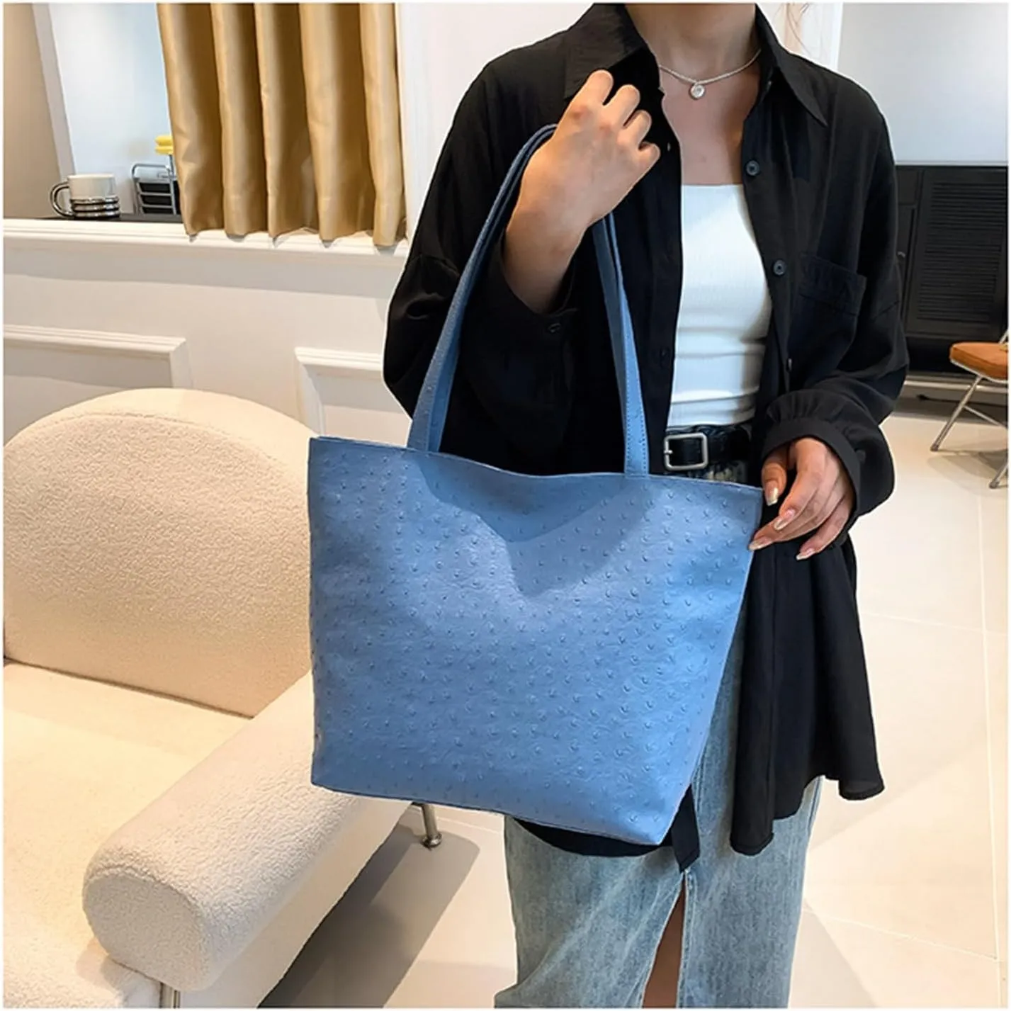 Ladies PU Leather Tote Bags Leather Bucket Top Handle Handbag Hobo Bags Shoulder Bags Large Hobo Purse for Work Travel (Blue)