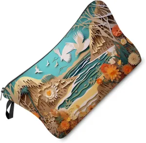 Landscape Paper Cutting Makeup Bag Paper-cutting Style Floral Small Organizer Bag Zipper Pouch Paper-cutting Bird Cosmetic Bag Present for Women Friends