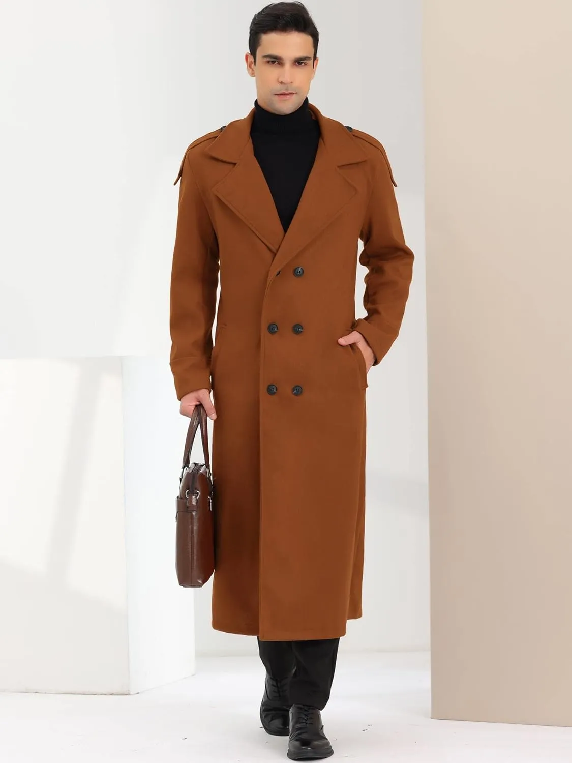 Lars Amadeus Men's Winter Pea Coat Notch Lapel Double Breasted Solid Color Overcoat
