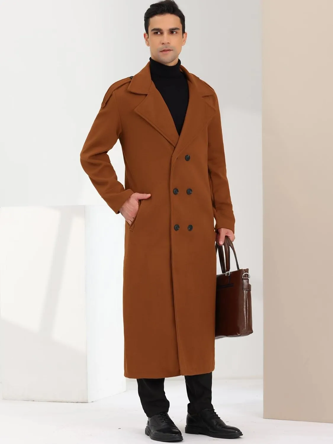 Lars Amadeus Men's Winter Pea Coat Notch Lapel Double Breasted Solid Color Overcoat