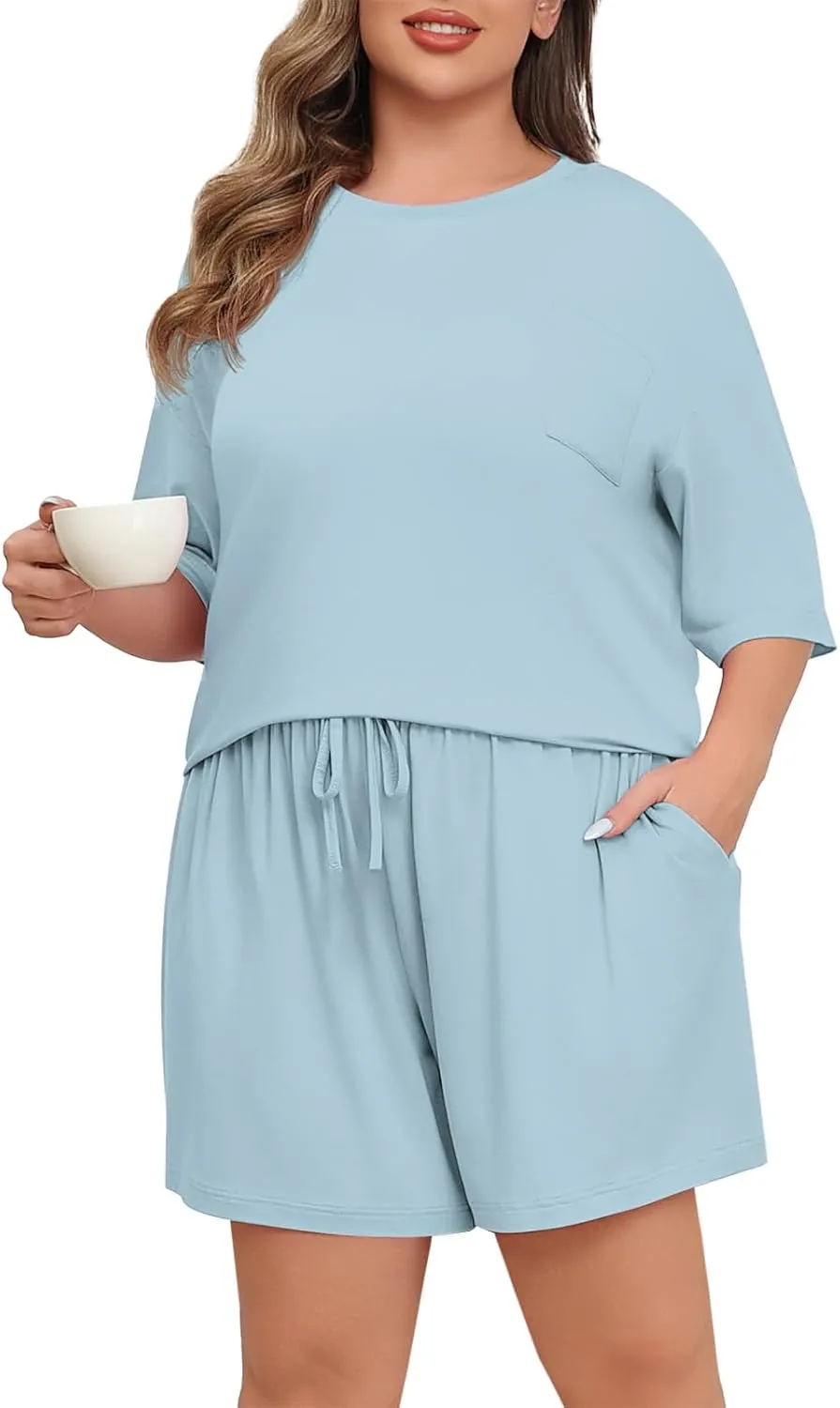 Lastshe Womens Plus Size Pajama Set 2 Piece Soft Short Sleeve with Pockets Shorts Sleepwear Knit Pjs Lounge Set Sweatsuits