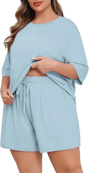 Lastshe Womens Plus Size Pajama Set 2 Piece Soft Short Sleeve with Pockets Shorts Sleepwear Knit Pjs Lounge Set Sweatsuits
