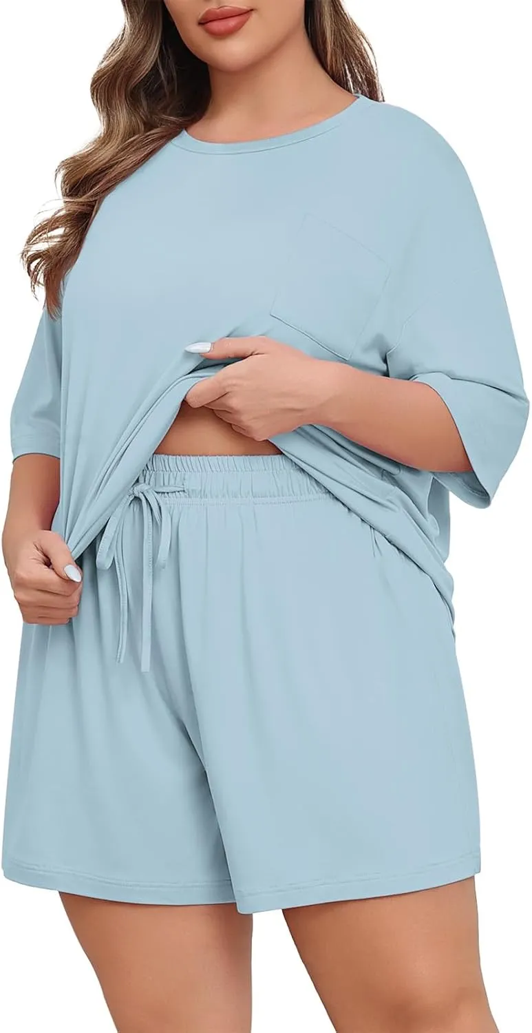 Lastshe Womens Plus Size Pajama Set 2 Piece Soft Short Sleeve with Pockets Shorts Sleepwear Knit Pjs Lounge Set Sweatsuits