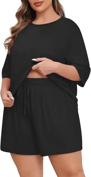 Lastshe Womens Plus Size Pajama Set 2 Piece Soft Short Sleeve with Pockets Shorts Sleepwear Knit Pjs Lounge Set Sweatsuits
