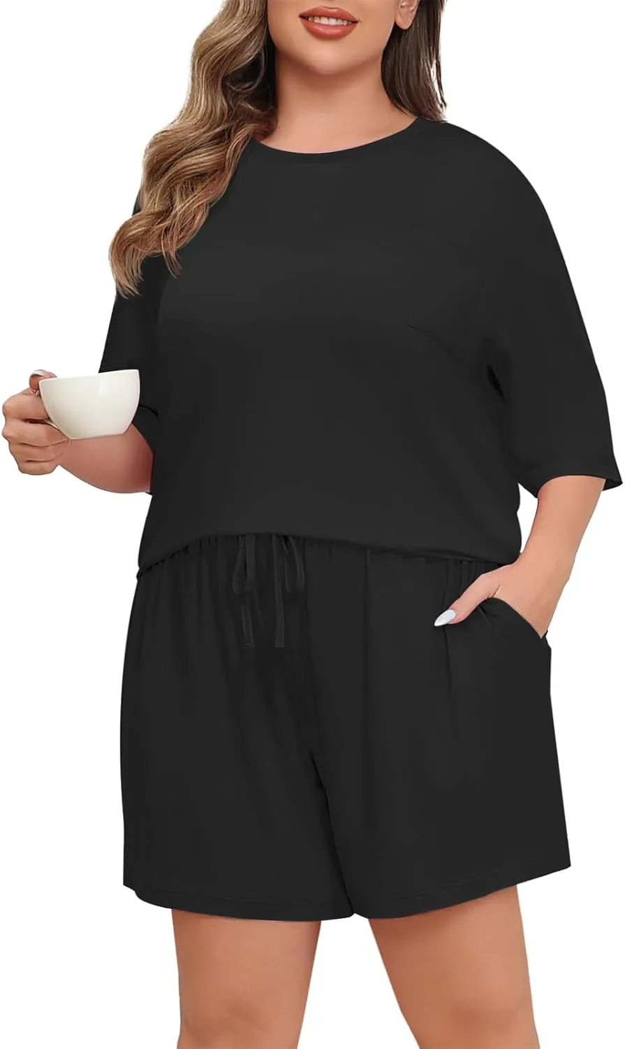Lastshe Womens Plus Size Pajama Set 2 Piece Soft Short Sleeve with Pockets Shorts Sleepwear Knit Pjs Lounge Set Sweatsuits