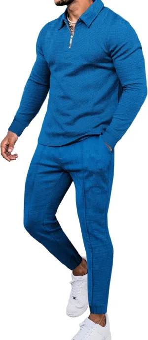 LecGee Men's Long Sleeve Tracksuit Winter Polo Shirt & Pants set 3 Pockets zip Polo Two Piece Casual Athletic Sports
