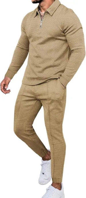 LecGee Men's Long Sleeve Tracksuit Winter Polo Shirt & Pants set 3 Pockets zip Polo Two Piece Casual Athletic Sports