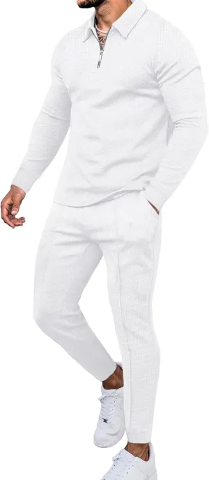 LecGee Men's Long Sleeve Tracksuit Winter Polo Shirt & Pants set 3 Pockets zip Polo Two Piece Casual Athletic Sports