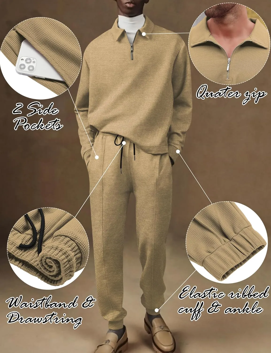 LecGee Men's Long Sleeve Tracksuit Winter Polo Shirt & Pants set 3 Pockets zip Polo Two Piece Casual Athletic Sports