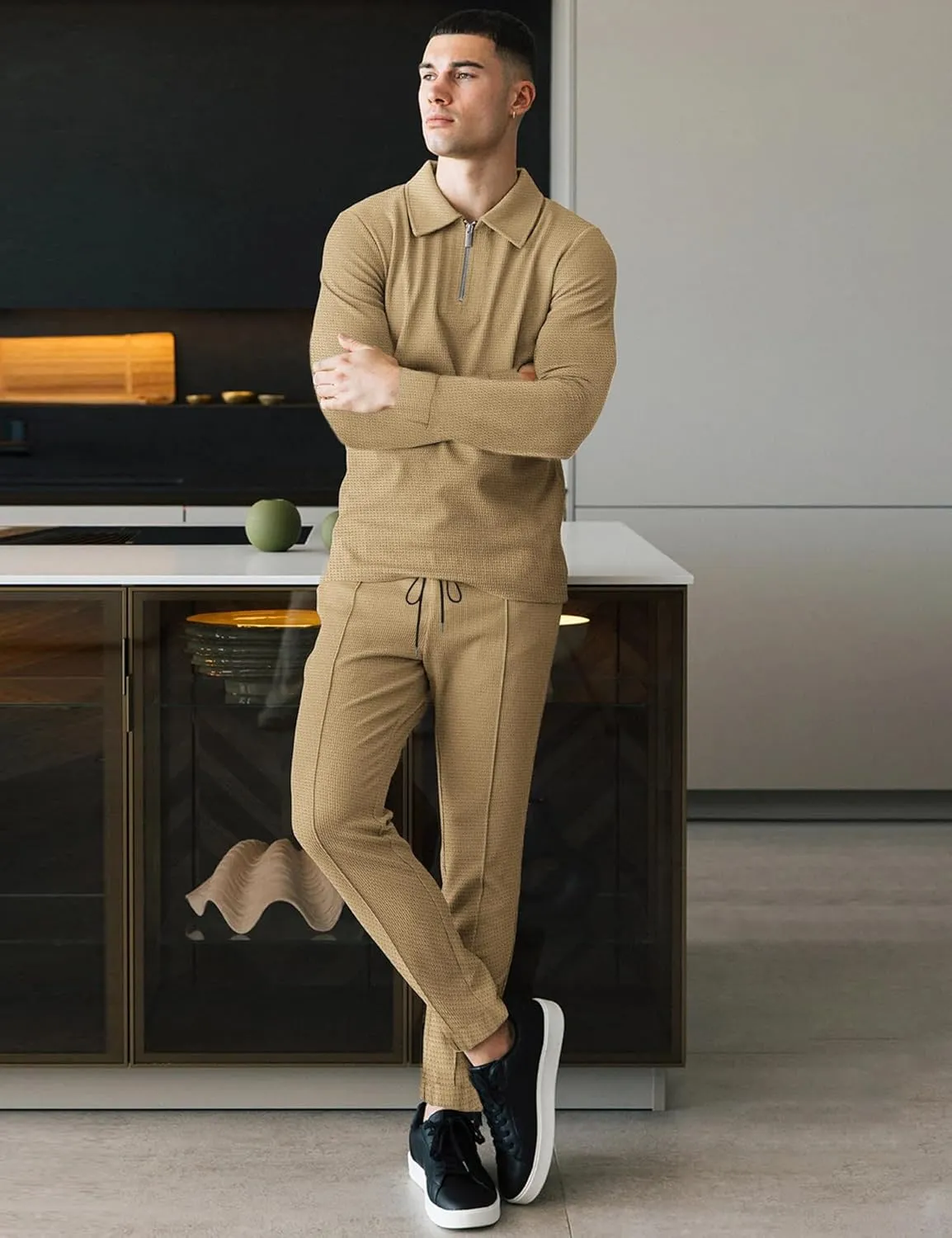 LecGee Men's Long Sleeve Tracksuit Winter Polo Shirt & Pants set 3 Pockets zip Polo Two Piece Casual Athletic Sports
