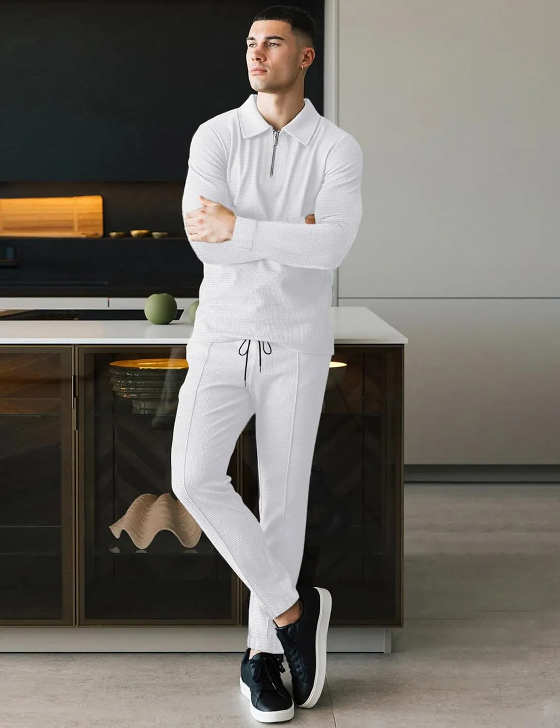 LecGee Men's Long Sleeve Tracksuit Winter Polo Shirt & Pants set 3 Pockets zip Polo Two Piece Casual Athletic Sports