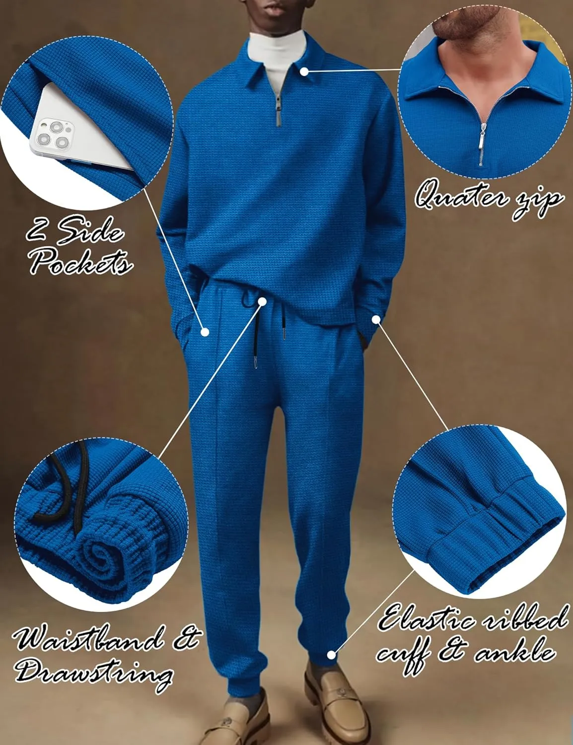 LecGee Men's Long Sleeve Tracksuit Winter Polo Shirt & Pants set 3 Pockets zip Polo Two Piece Casual Athletic Sports
