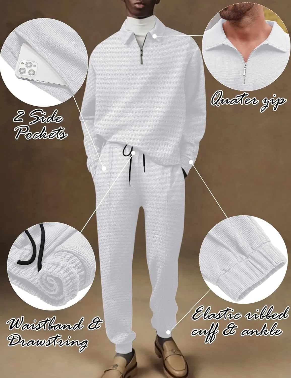 LecGee Men's Long Sleeve Tracksuit Winter Polo Shirt & Pants set 3 Pockets zip Polo Two Piece Casual Athletic Sports