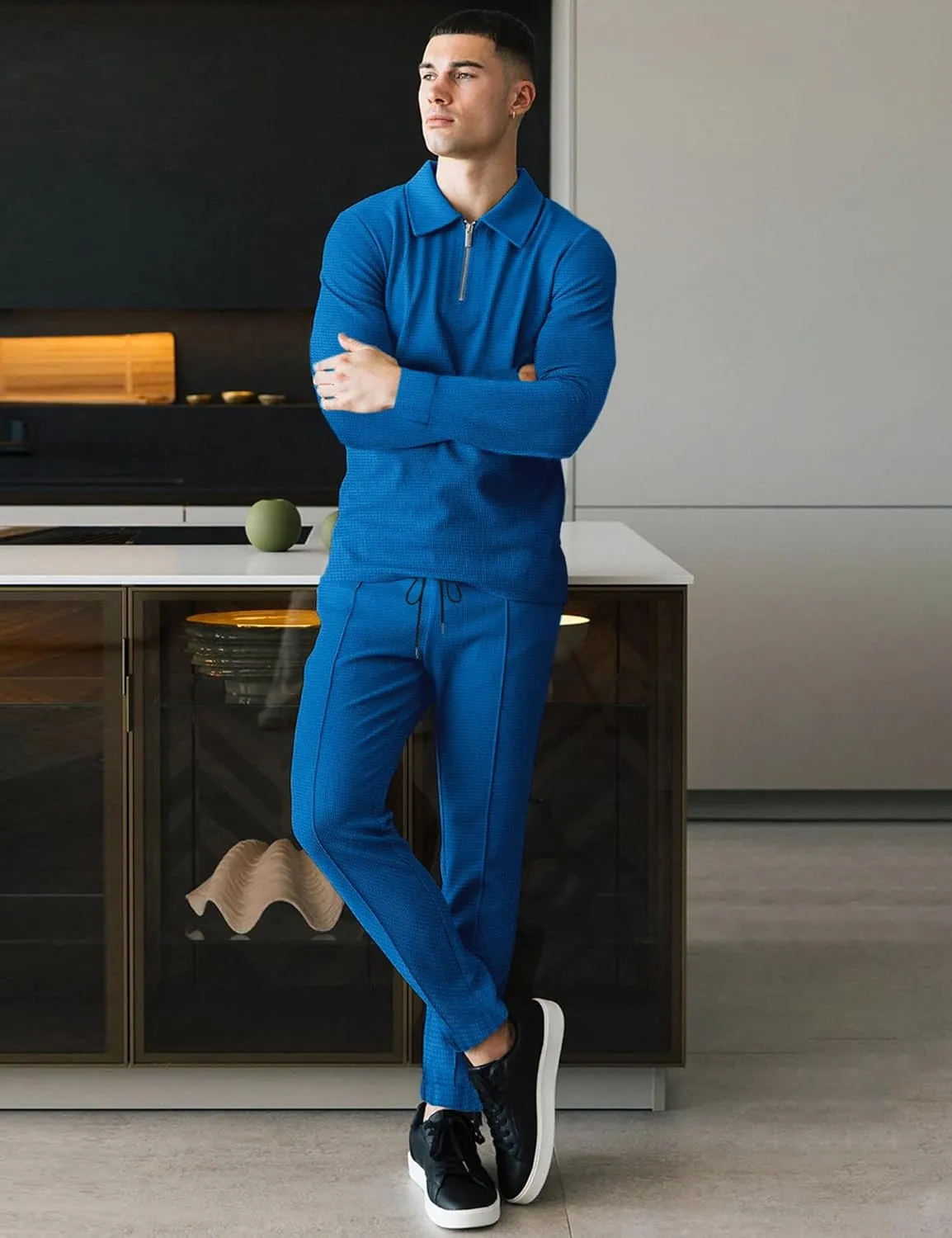 LecGee Men's Long Sleeve Tracksuit Winter Polo Shirt & Pants set 3 Pockets zip Polo Two Piece Casual Athletic Sports