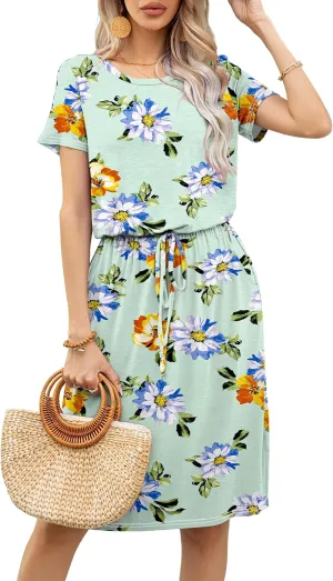 levaca Womens Summer Casual Dress Belly Drawstring Beach Coverup Short Sleeve 2025 Outfit Midi Sundress with Pockets