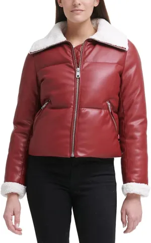 Levi's Women's Breanna Faux Leather Puffer Jacket with Sherpa Lined Collar