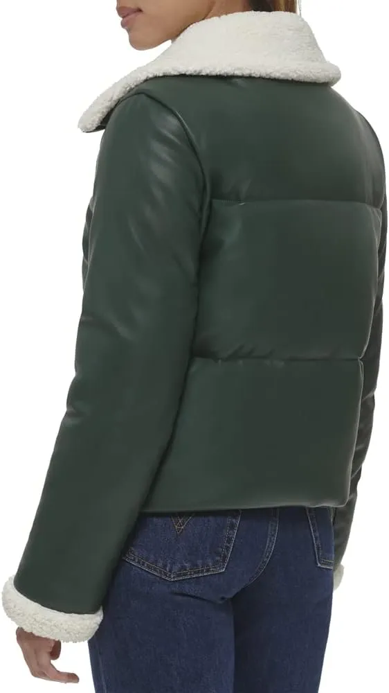 Levi's Women's Breanna Faux Leather Puffer Jacket with Sherpa Lined Collar