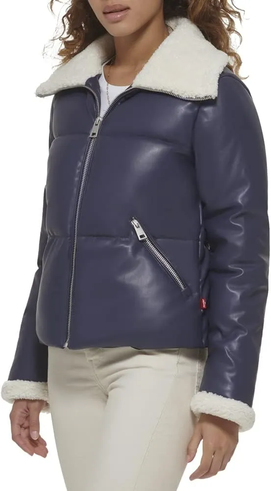 Levi's Women's Breanna Faux Leather Puffer Jacket with Sherpa Lined Collar