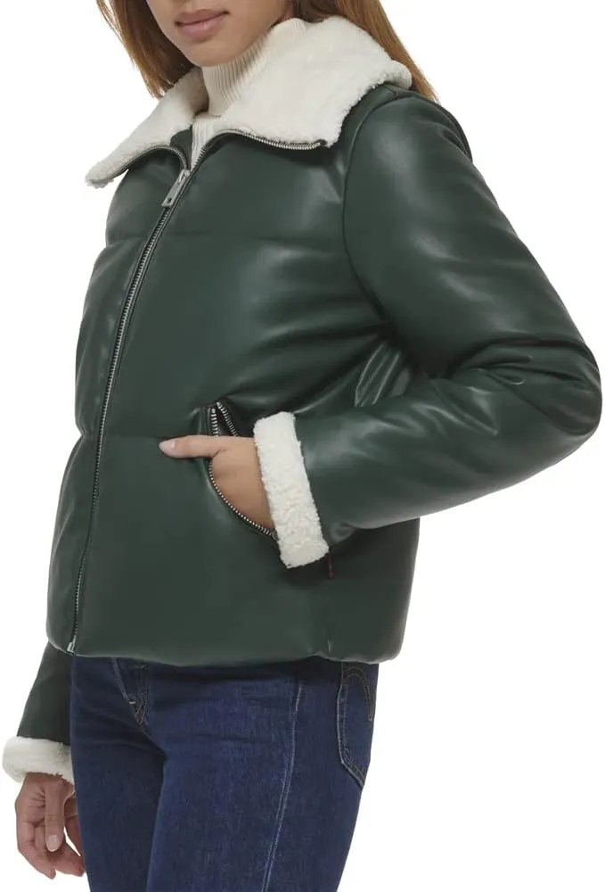 Levi's Women's Breanna Faux Leather Puffer Jacket with Sherpa Lined Collar