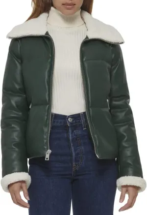 Levi's Women's Breanna Faux Leather Puffer Jacket with Sherpa Lined Collar