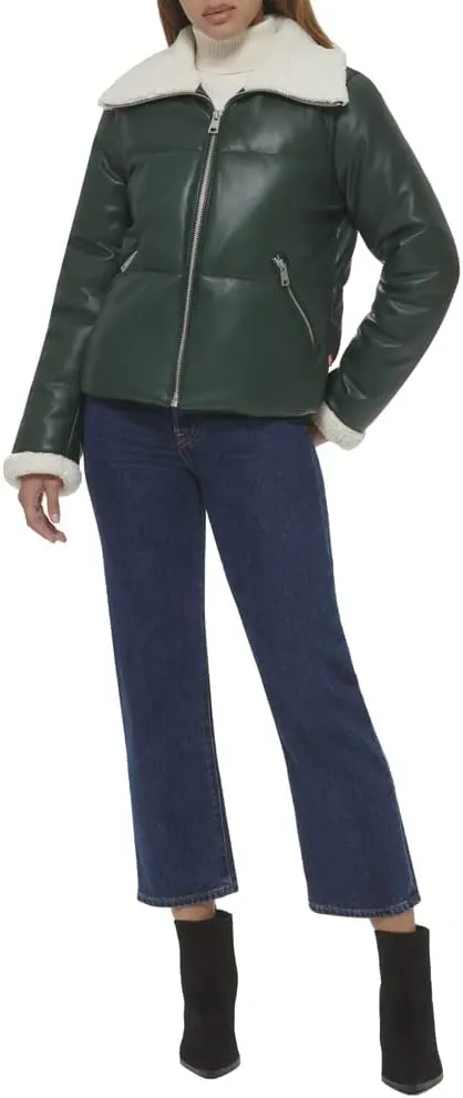 Levi's Women's Breanna Faux Leather Puffer Jacket with Sherpa Lined Collar