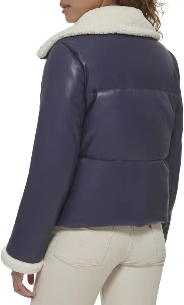 Levi's Women's Breanna Faux Leather Puffer Jacket with Sherpa Lined Collar