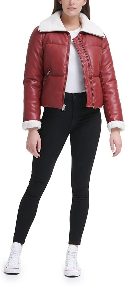 Levi's Women's Breanna Faux Leather Puffer Jacket with Sherpa Lined Collar