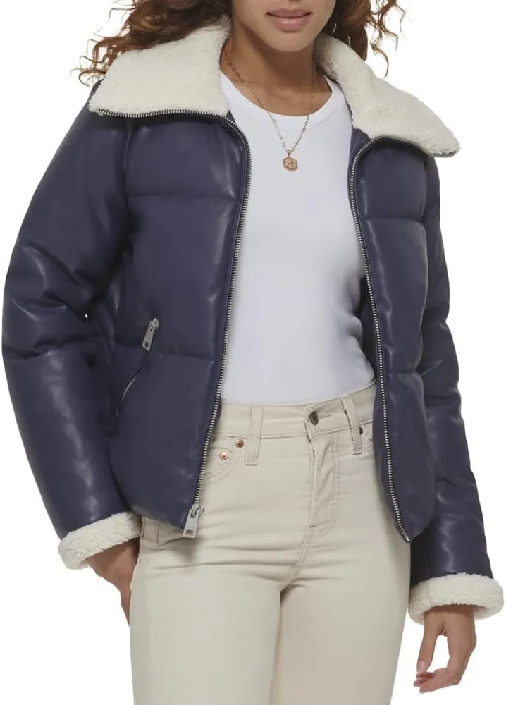 Levi's Women's Breanna Faux Leather Puffer Jacket with Sherpa Lined Collar