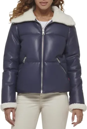 Levi's Women's Breanna Faux Leather Puffer Jacket with Sherpa Lined Collar
