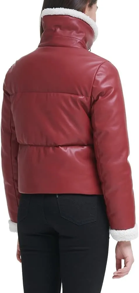 Levi's Women's Breanna Faux Leather Puffer Jacket with Sherpa Lined Collar