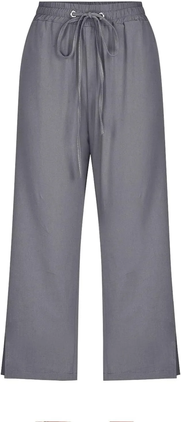 Linen Pants for Women 2025 Cotton Linen Elastic Seven Pants Beach Casual Pants Linen Trousers with Side Pockets