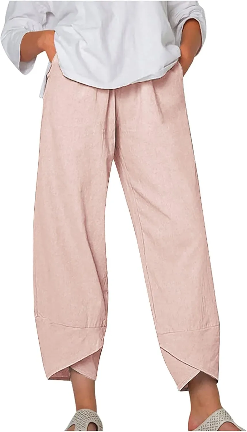 Linen Pants Women Casual Summer Cotton Cropped Tulip Pants Baggy Elastic Waisted Lounge Pants Trousers with Pockets