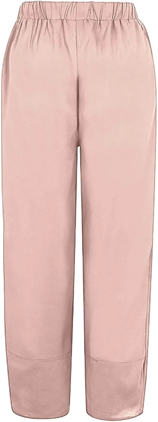 Linen Pants Women Casual Summer Cotton Cropped Tulip Pants Baggy Elastic Waisted Lounge Pants Trousers with Pockets