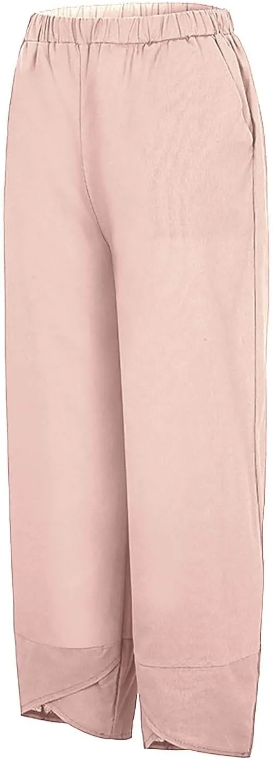 Linen Pants Women Casual Summer Cotton Cropped Tulip Pants Baggy Elastic Waisted Lounge Pants Trousers with Pockets