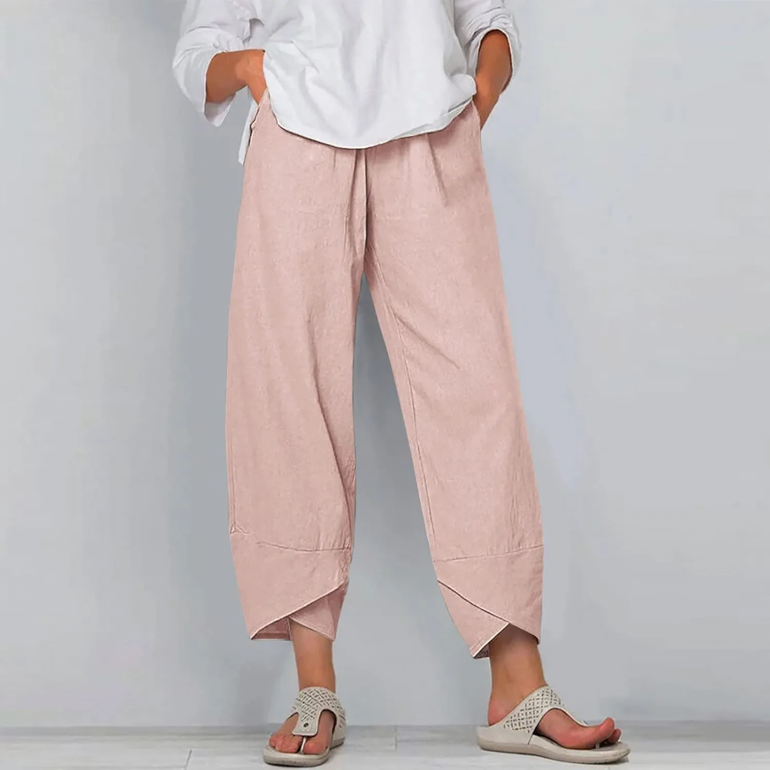 Linen Pants Women Casual Summer Cotton Cropped Tulip Pants Baggy Elastic Waisted Lounge Pants Trousers with Pockets
