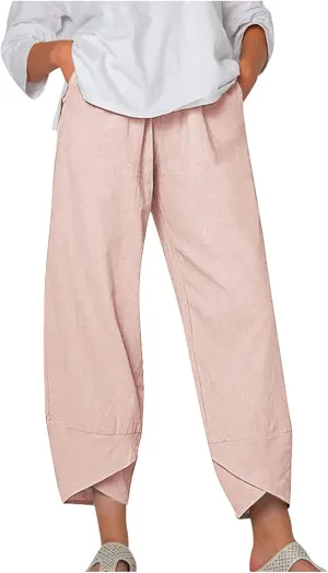 Linen Pants Women Casual Summer Cotton Cropped Tulip Pants Baggy Elastic Waisted Lounge Pants Trousers with Pockets