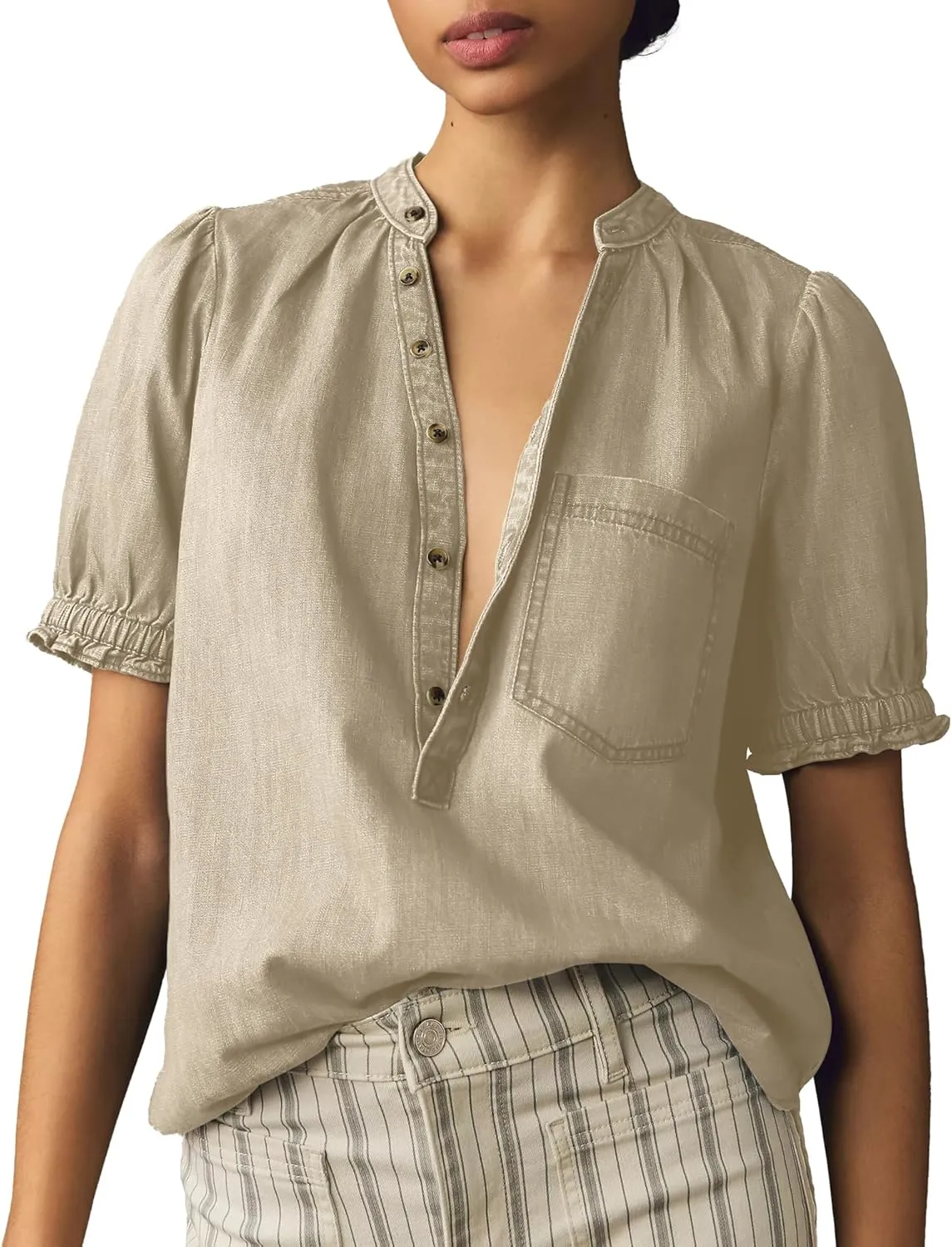 Locachy Women's Half Button Mock Neck Denim Shirt Casual Puff Short Sleeve Denim Blouse Top