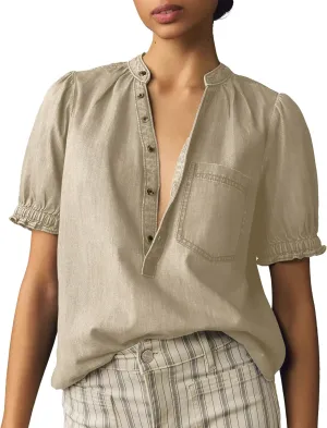 Locachy Women's Half Button Mock Neck Denim Shirt Casual Puff Short Sleeve Denim Blouse Top