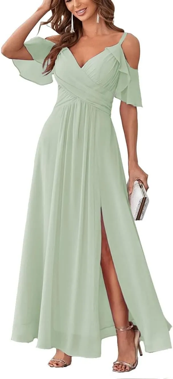Long Chiffon Cold Shoulder Bridesmaid Dresses for Women 2024 Wedding Guest Dress Prom Formal Evening Ball Gown RYZ95